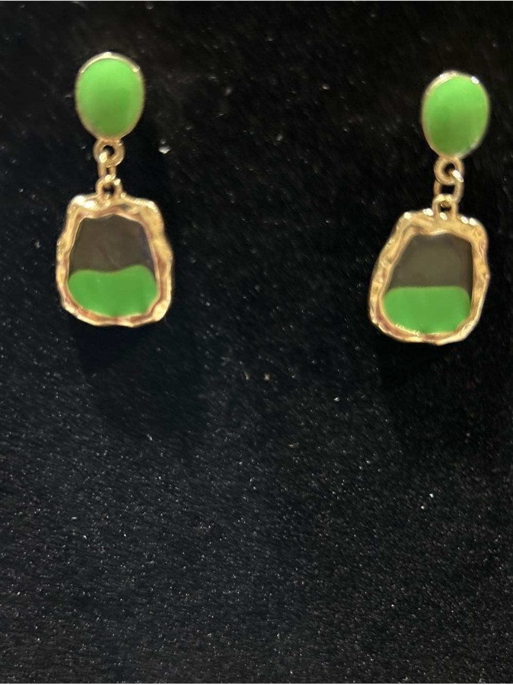 Gold color Drop Earrings with Green Enamel Accents